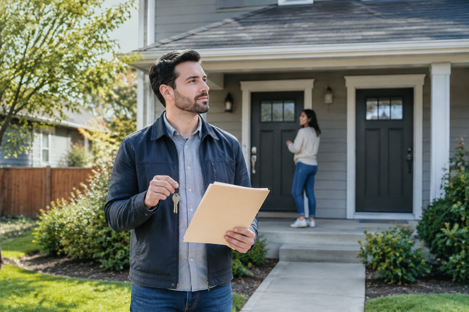 A first-time investor reviews keys outside a duplex.