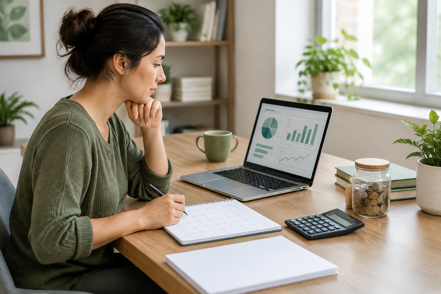 A person reviews a laptop, calendar, and budgeting papers at a desk.
