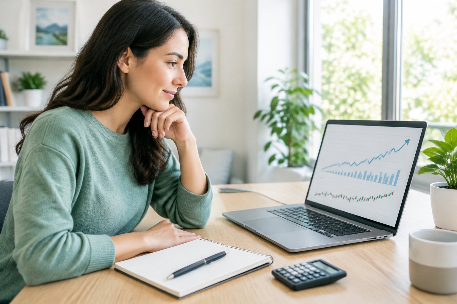 A beginner investor reviews a laptop with a rising chart at a desk.
