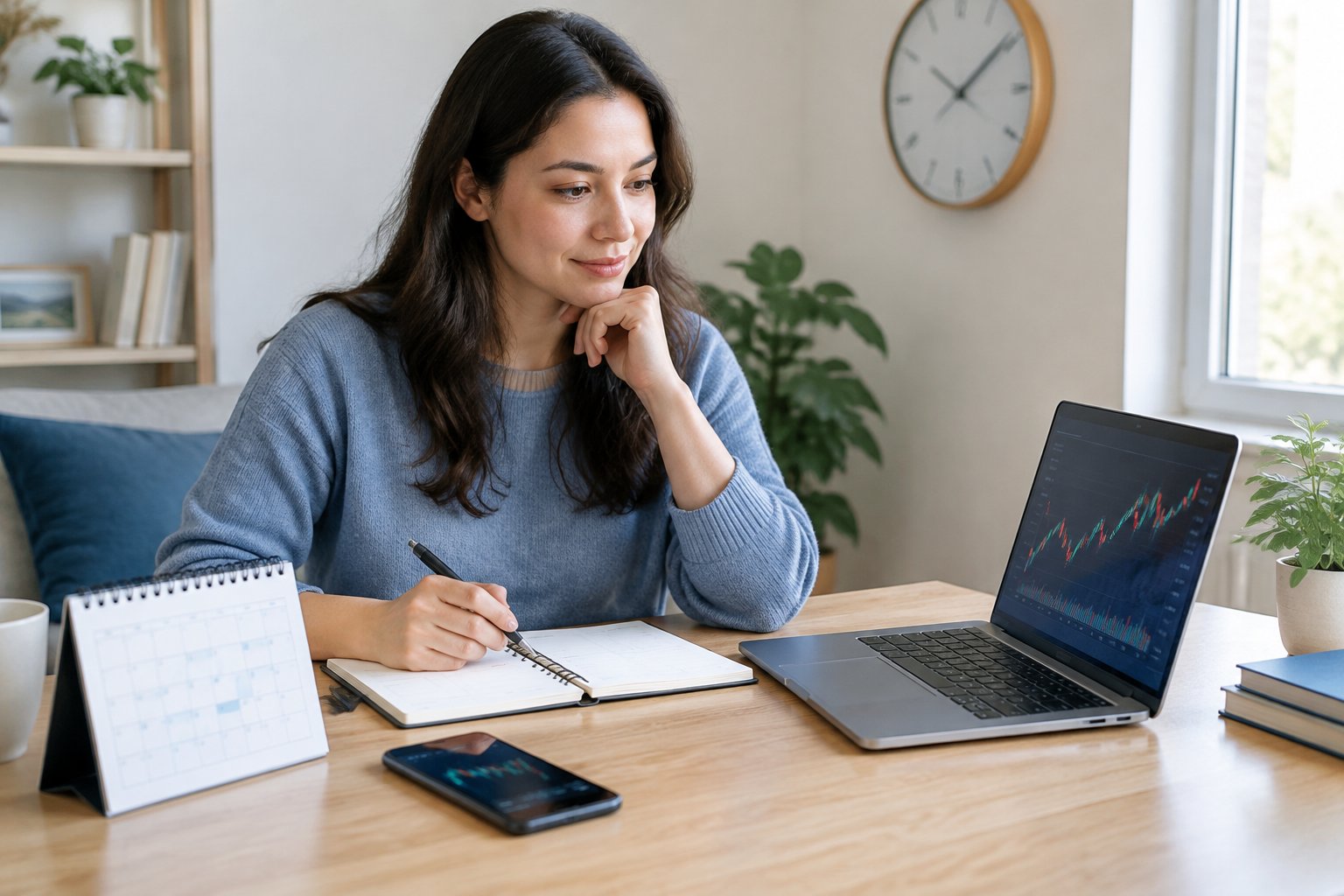 A person reviews a laptop, calendar, and planner at a home workspace.