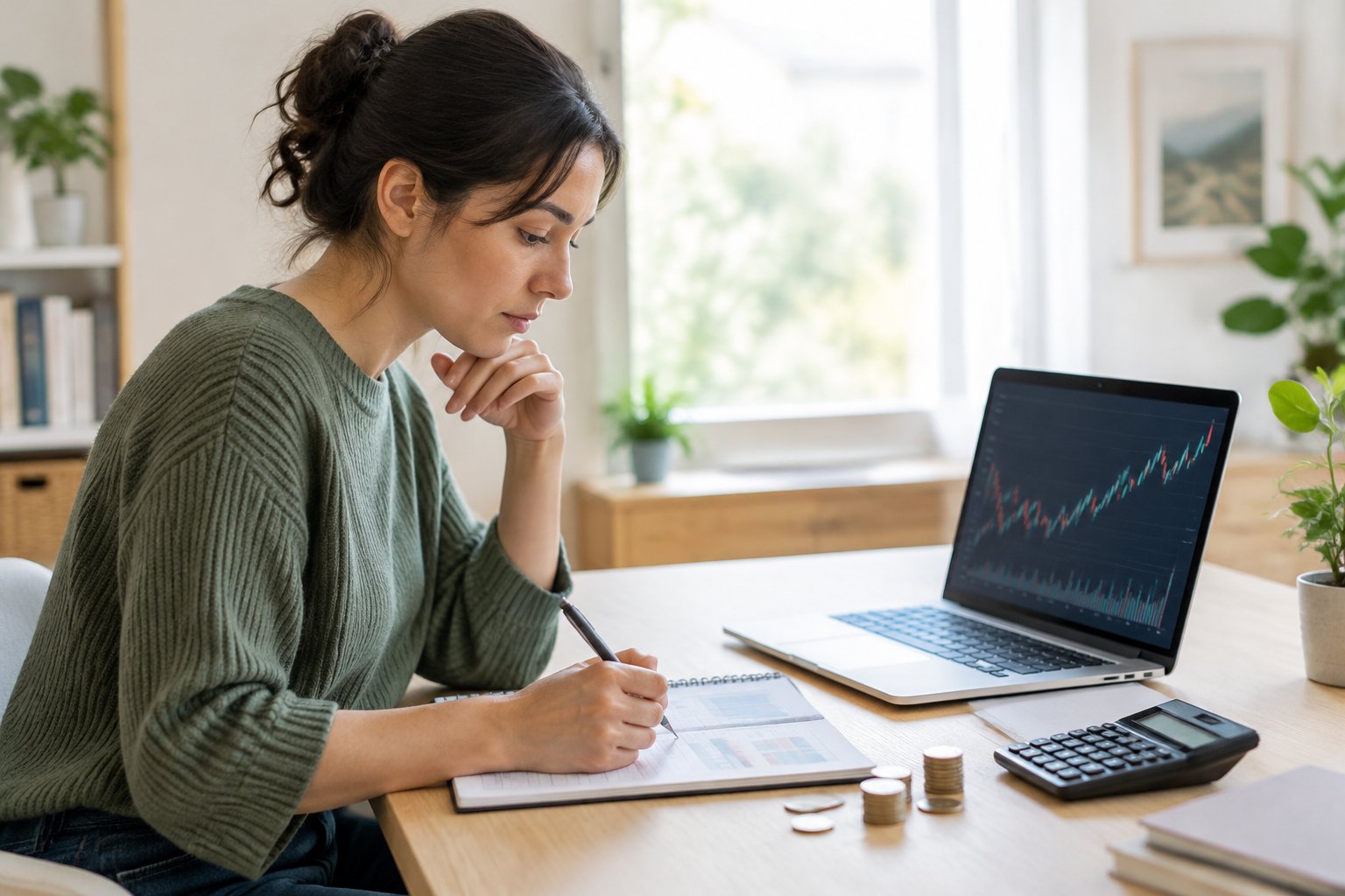 A beginner investor reviews a trading plan at a desk beside a laptop and calculator.