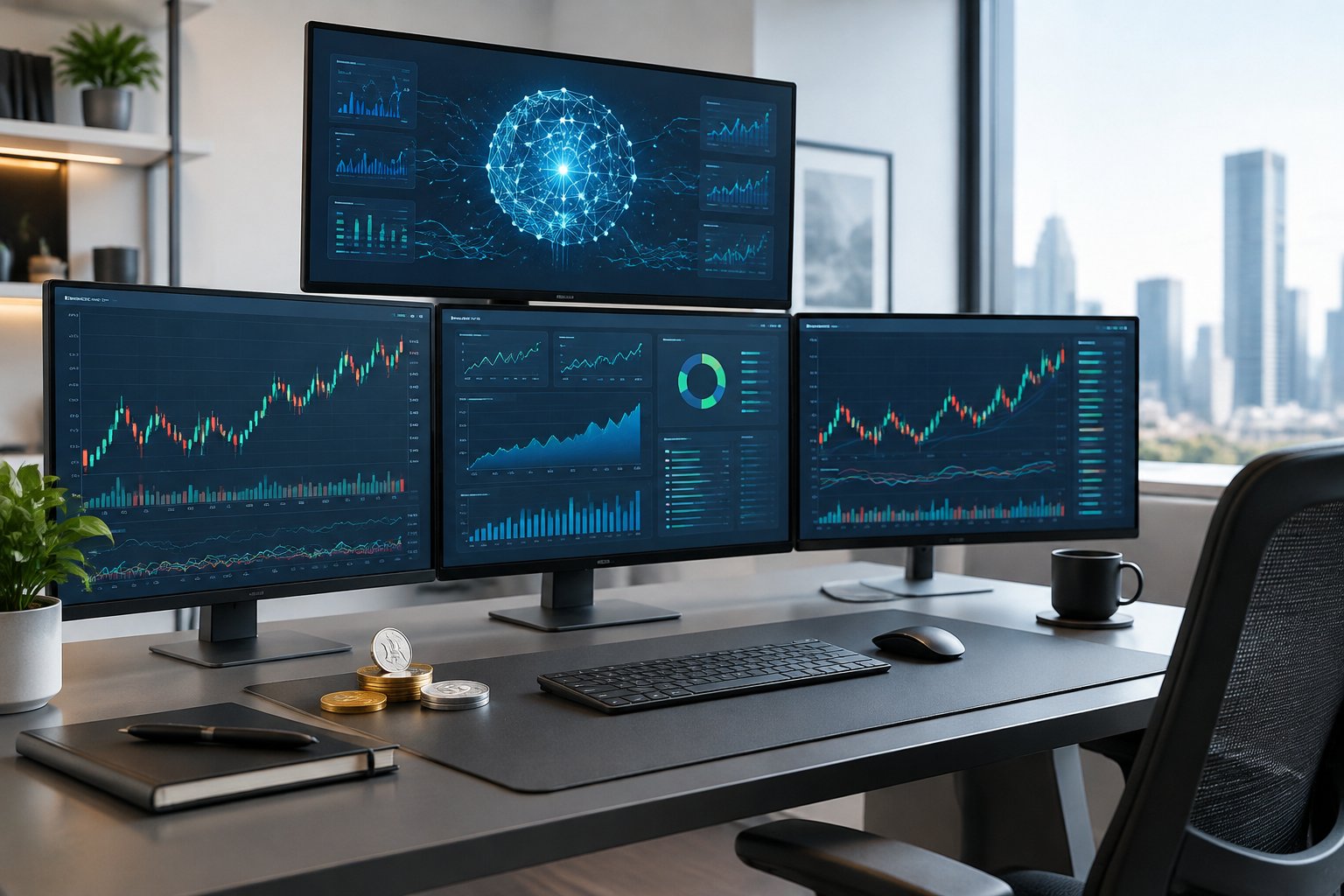 A cryptocurrency trading workstation with market charts on several monitors and generic digital currency tokens.