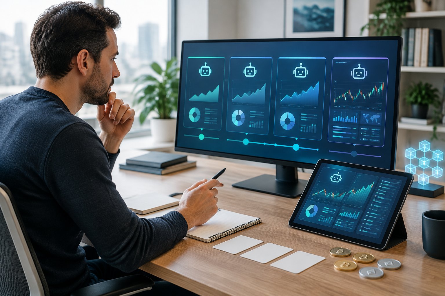 An analyst compares cryptocurrency trading platform dashboards at a desk.