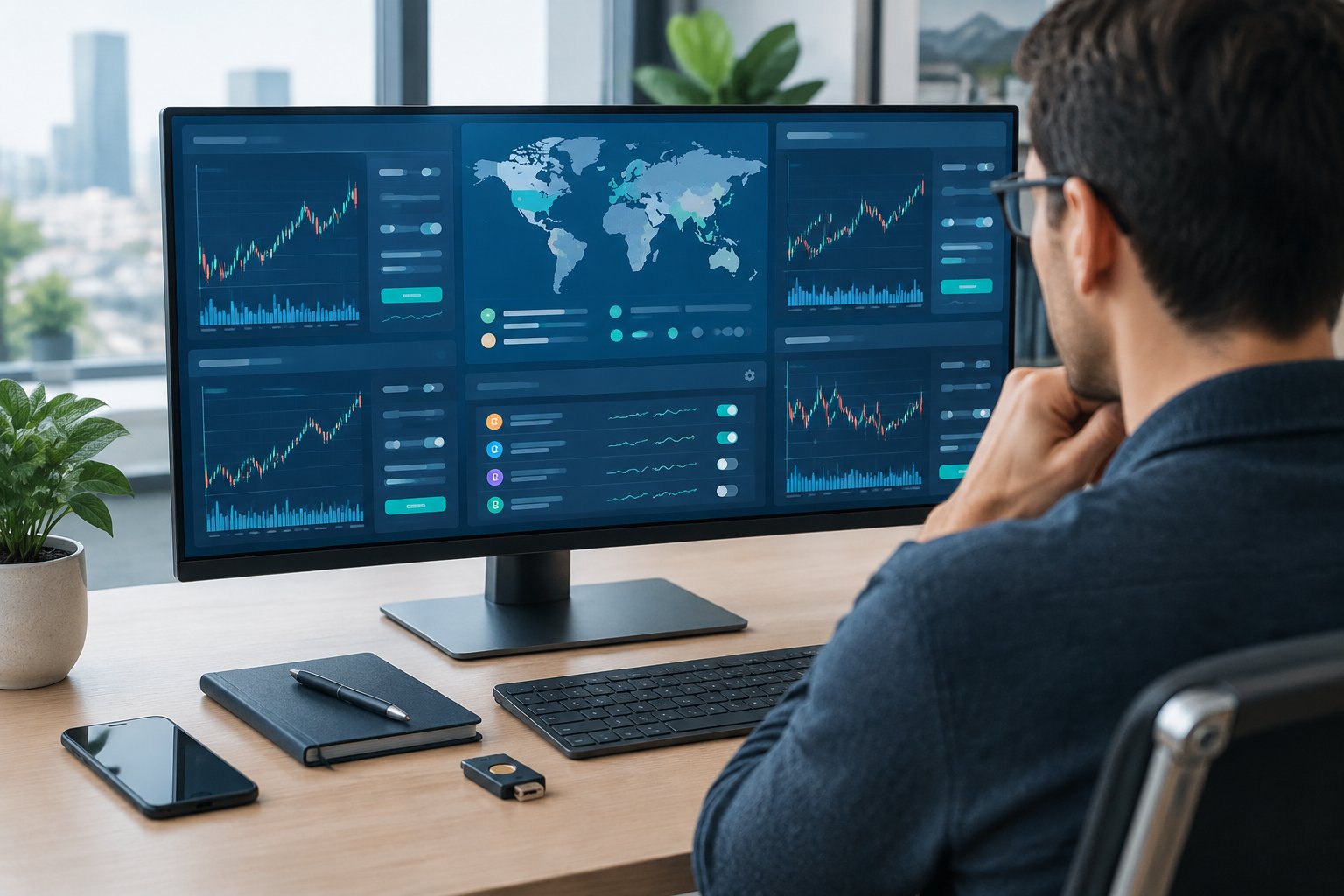A financial professional compares cryptocurrency trading dashboards beside a world map.