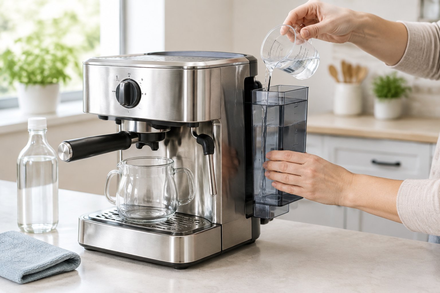 A person pours diluted vinegar into the water reservoir of an espresso machine.