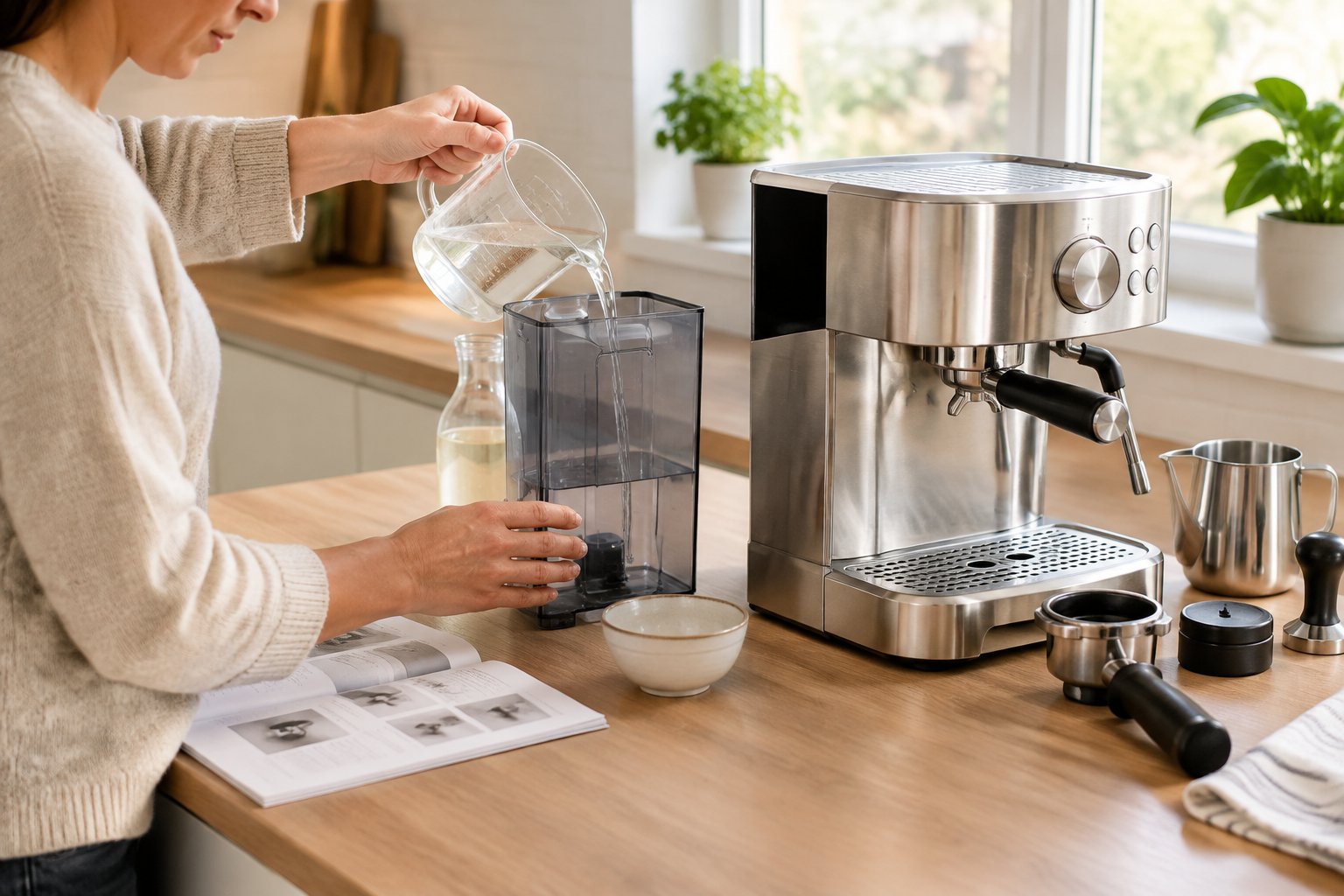 A person prepares a vinegar-and-water solution beside an espresso machine.