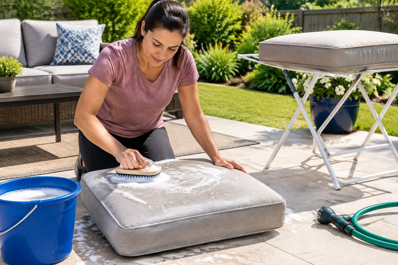 A person scrubs an outdoor patio cushion beside a bucket while another cushion dries nearby.
