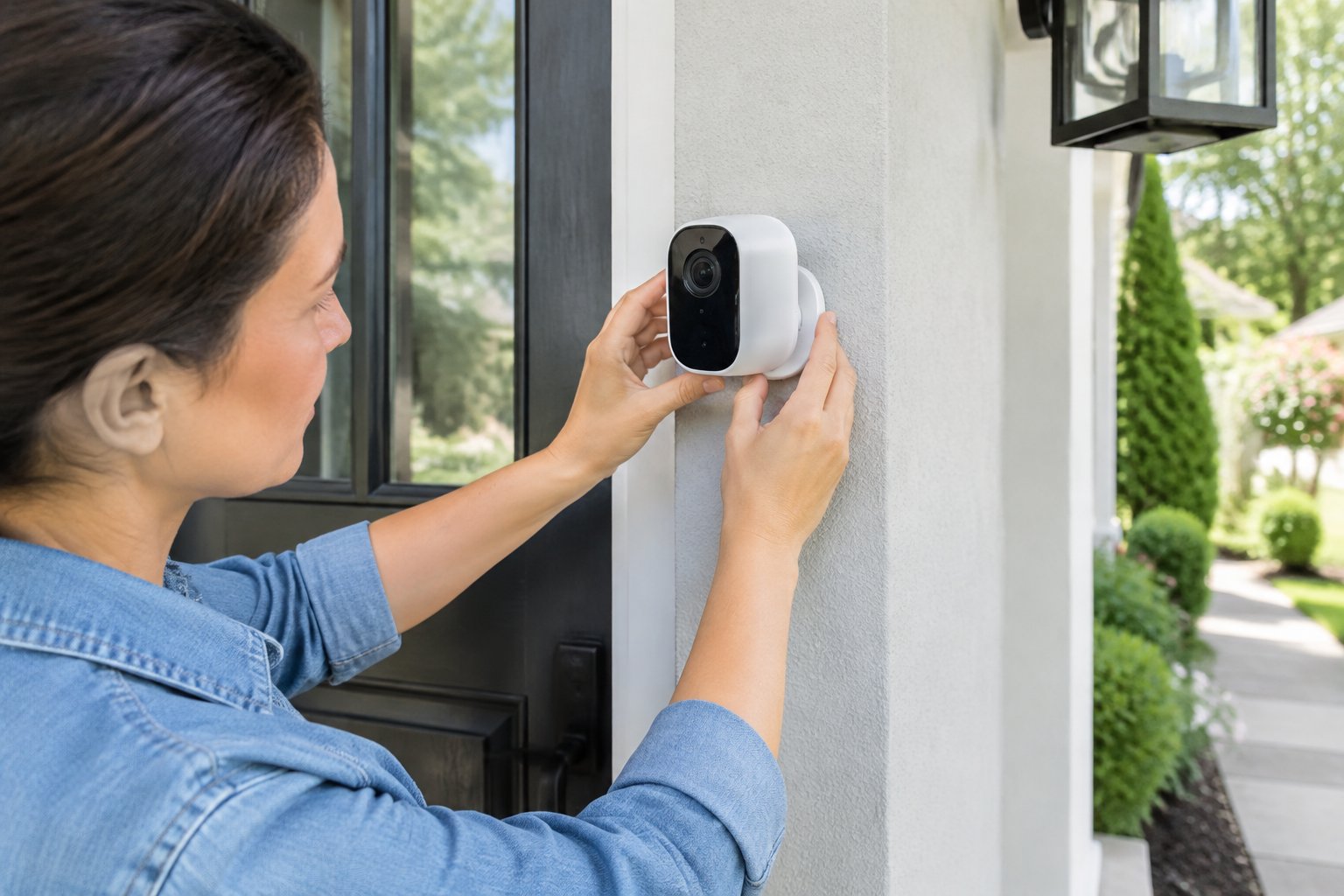 A person attaches a wireless security camera to a home's exterior wall with an adhesive mount.