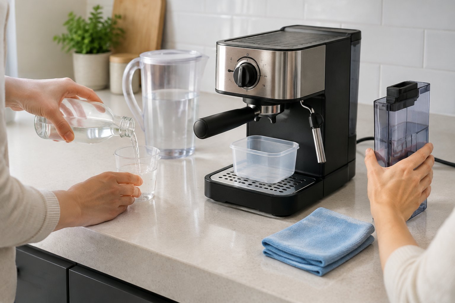 A person prepares vinegar, water, and cleaning supplies beside an espresso machine.