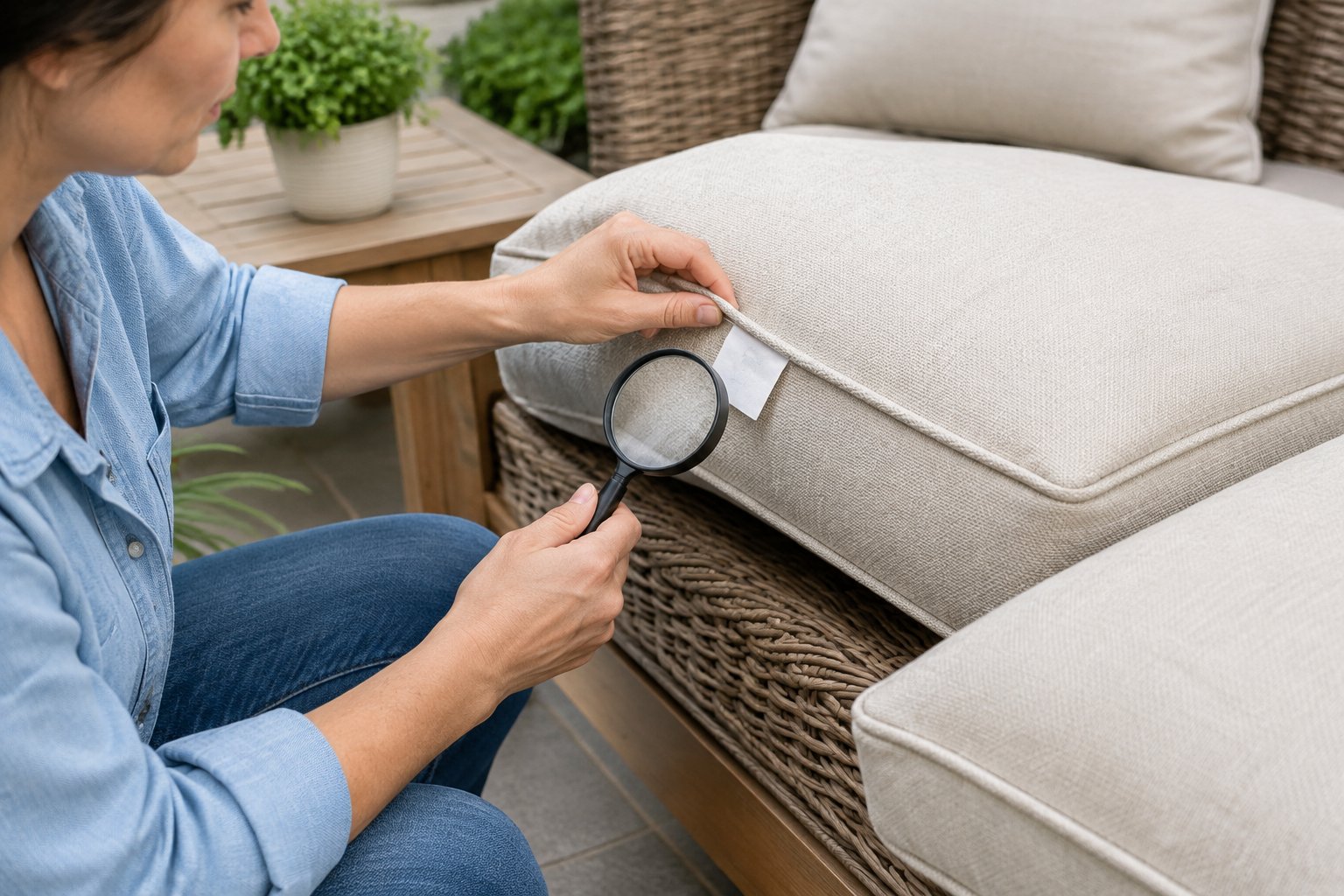 A person checks a tag on an outdoor patio cushion.