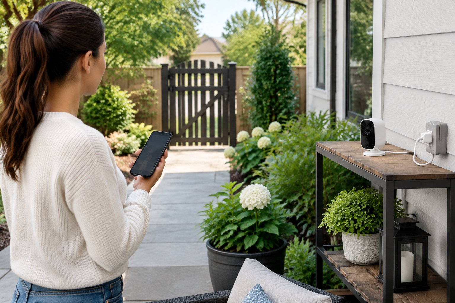 A homeowner checks a wireless security camera’s connection and placement in a garden.