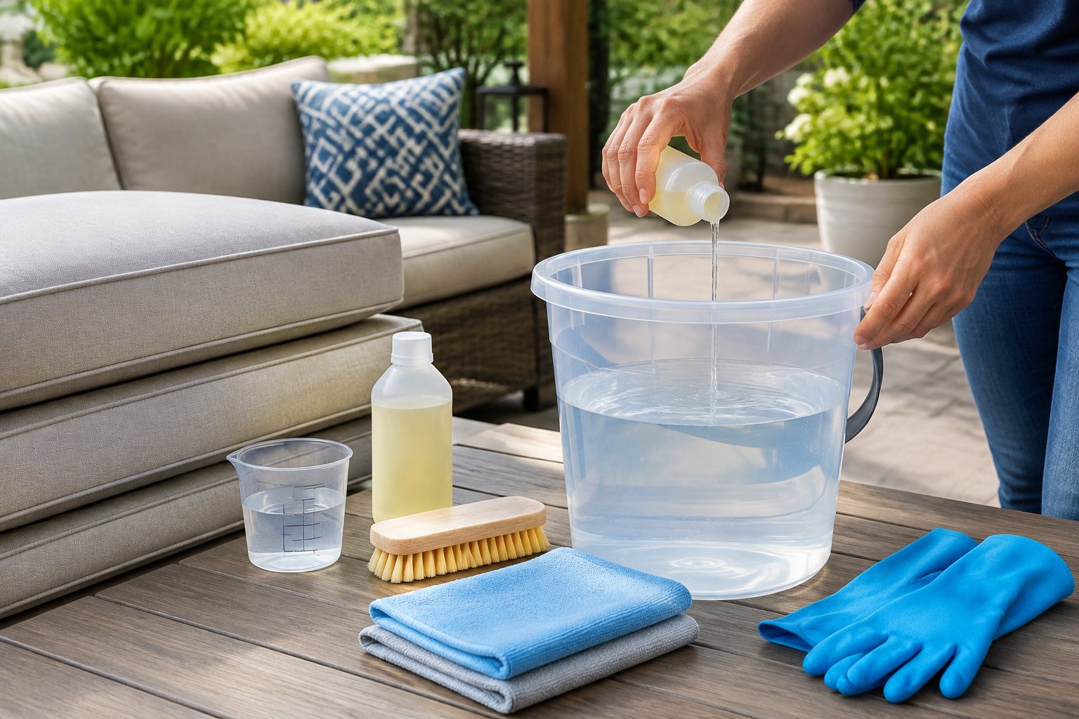 A person mixes a mild cleaning solution beside patio cushions and cleaning supplies.