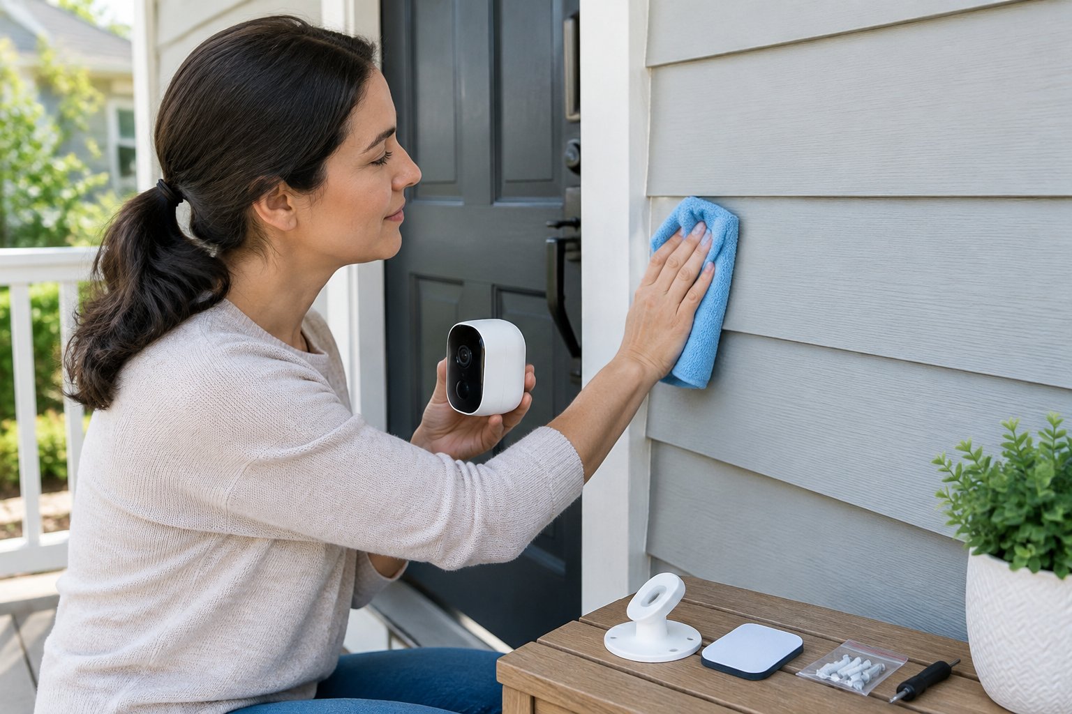 A homeowner cleans a porch wall and prepares an adhesive mount for an outdoor security camera.