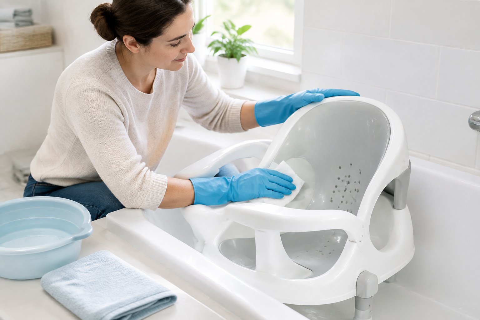 A caregiver wearing gloves wipes an empty baby bath seat in a clean bathroom.