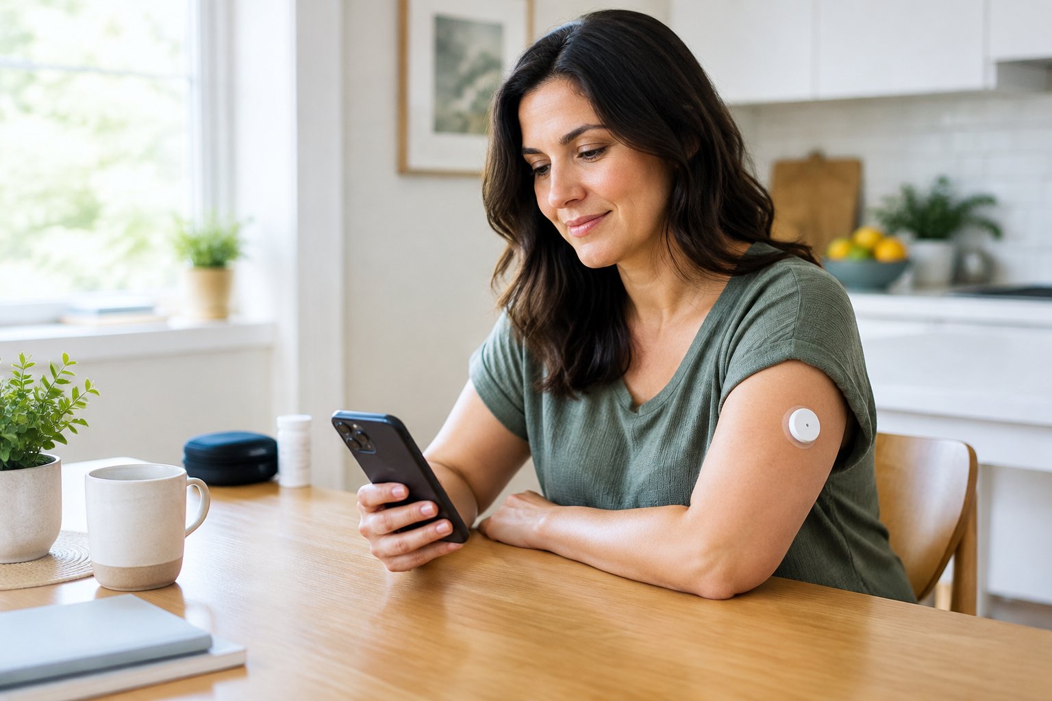 An adult checks a wearable glucose monitor at a kitchen table.