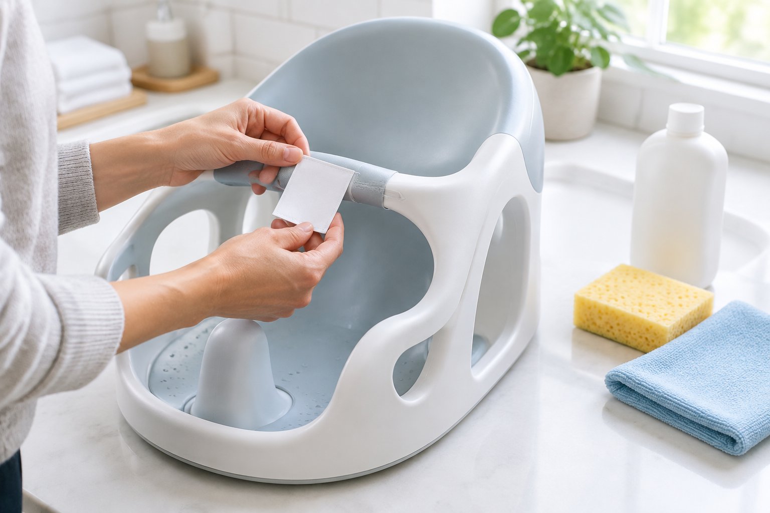 A caregiver checks the label on a baby bath seat beside cleaning supplies.