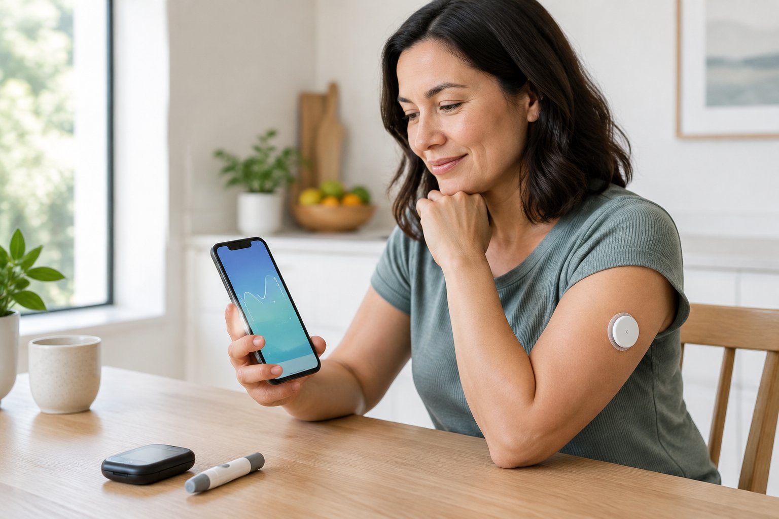 An adult checks a glucose monitor on their upper arm while viewing a phone at a kitchen table.