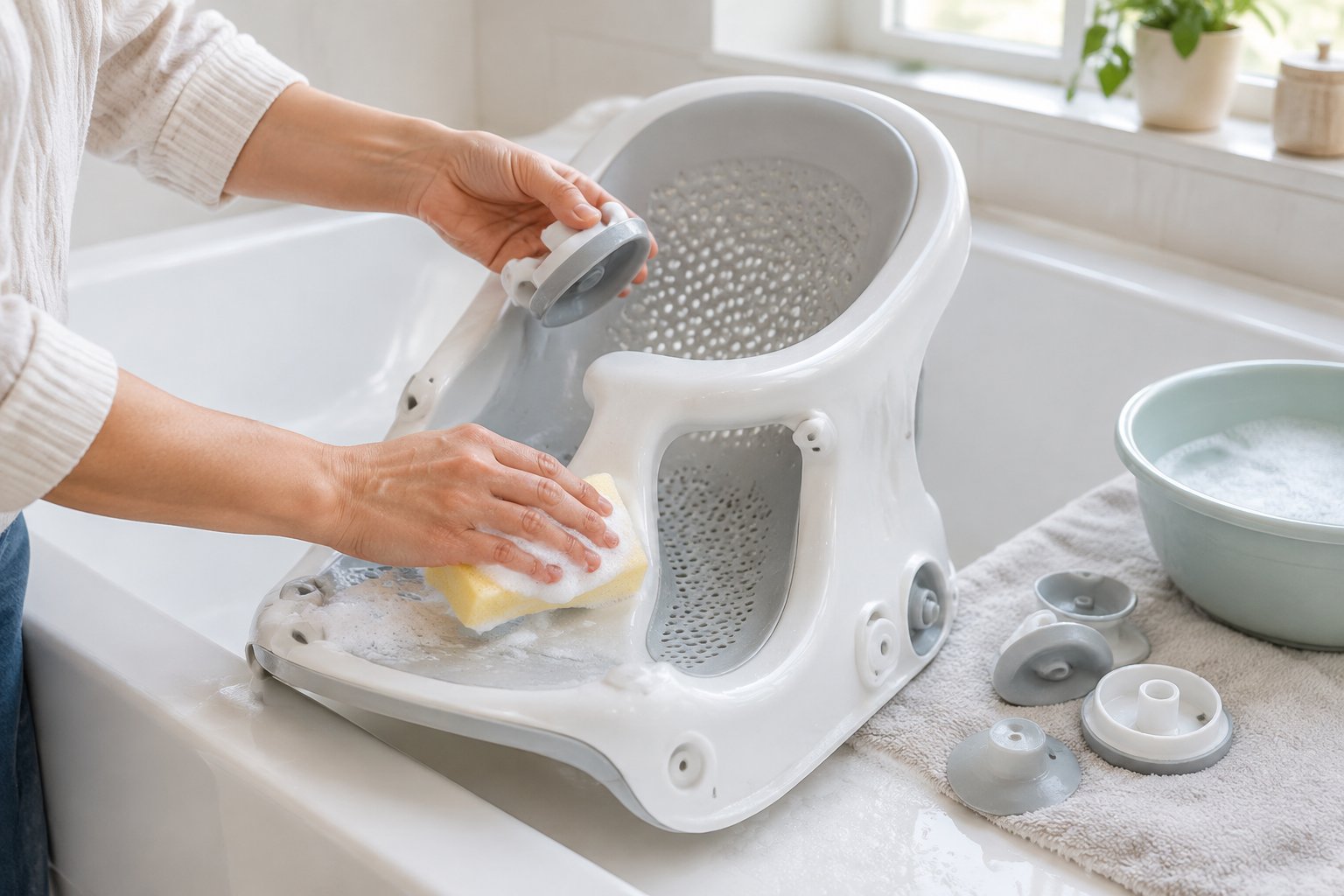 An adult removes a detachable part from a baby bath seat and scrubs the seat with a sponge.