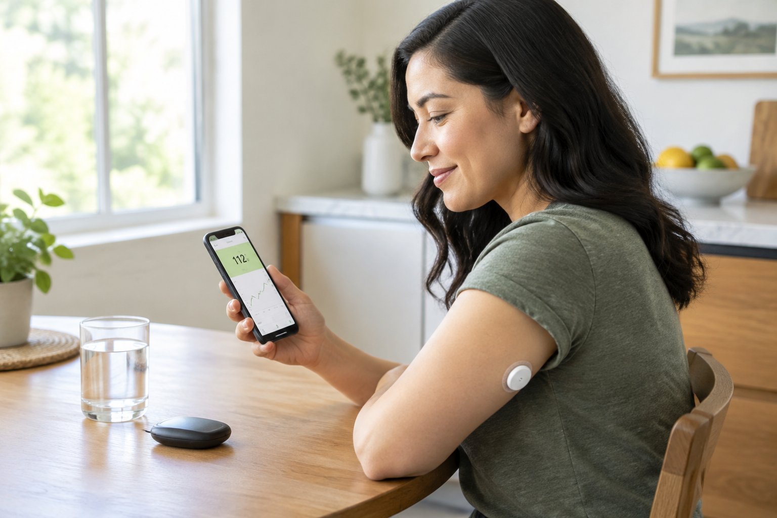An adult checks glucose readings on a smartphone while wearing a sensor on their upper arm.