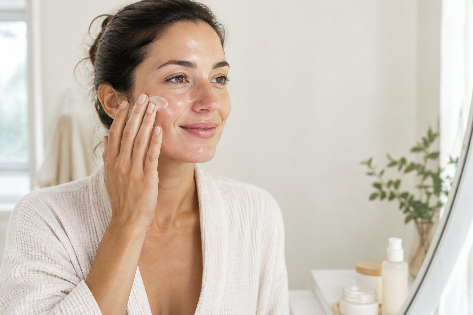 A woman gently applies moisturizer to her cheek in a bright bathroom.
