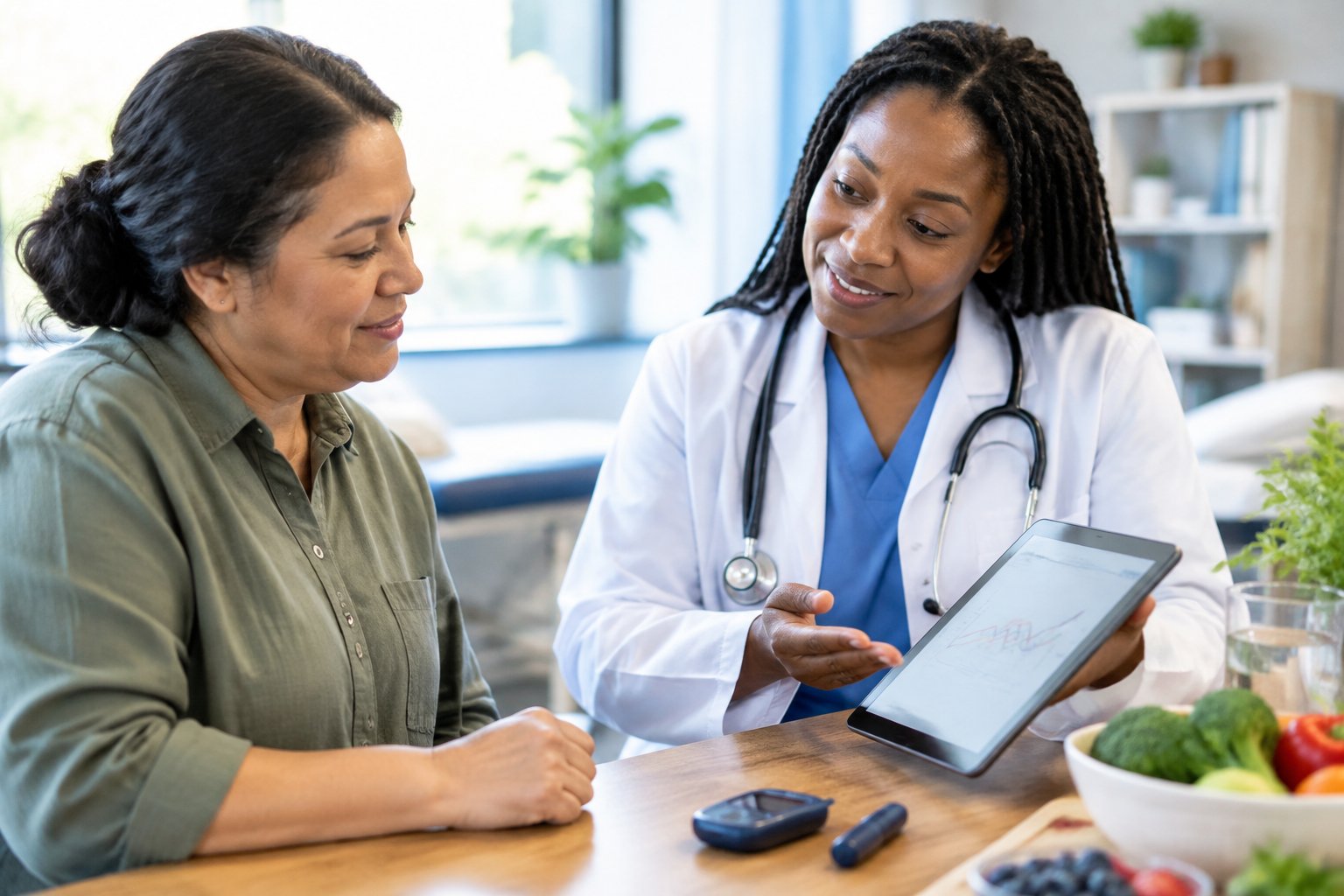 A patient and healthcare professional discuss diabetes monitoring during a clinic visit.