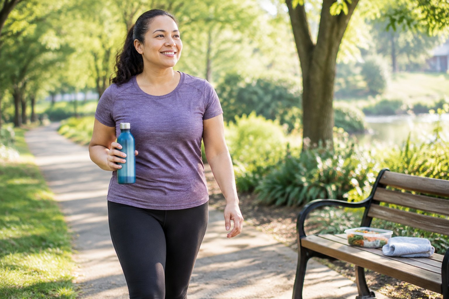 An adult walks along a leafy park path carrying a water bottle.