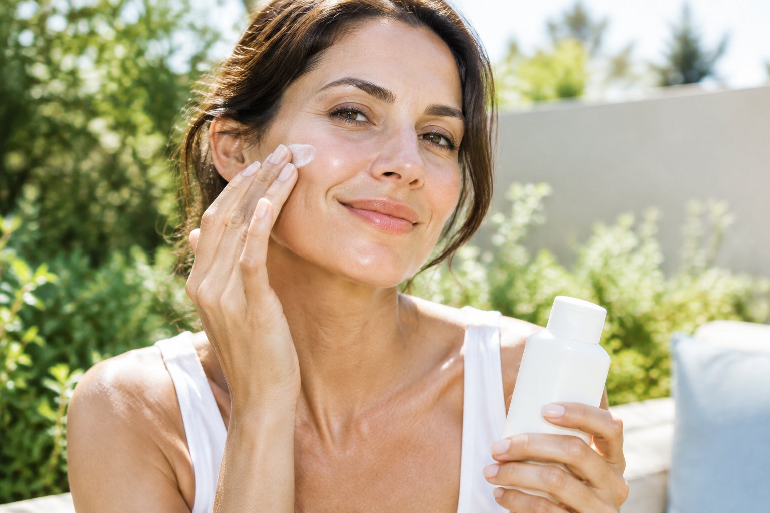 A woman applies sunscreen to her cheek outdoors.
