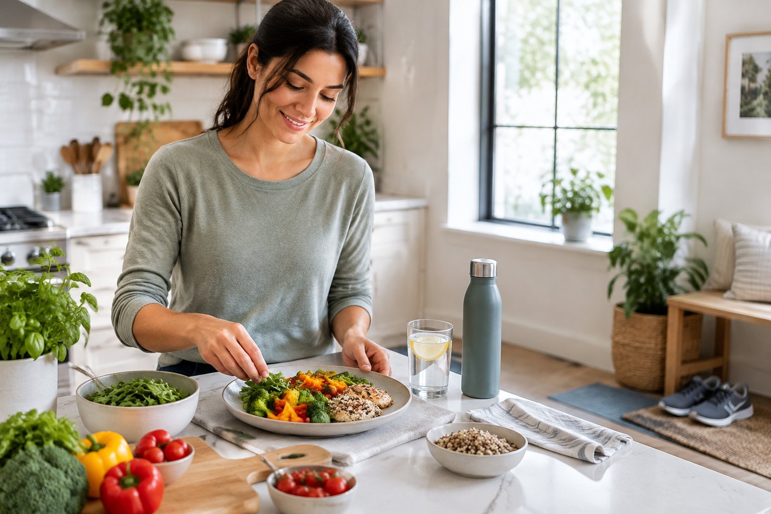 An adult prepares a balanced meal with vegetables, lean protein, and whole grains in a home kitchen.