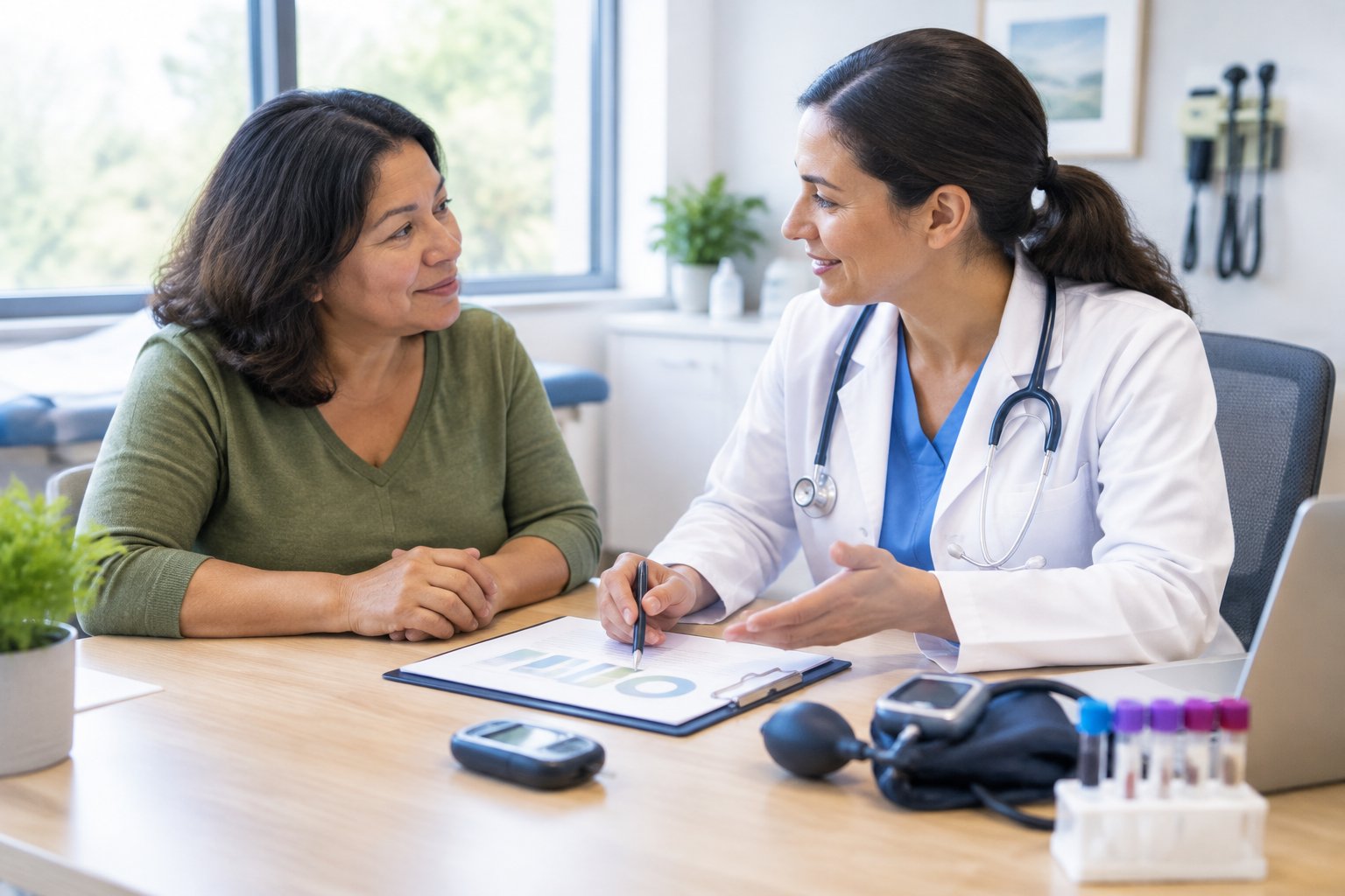 A patient and clinician review a health plan together in a clinic.