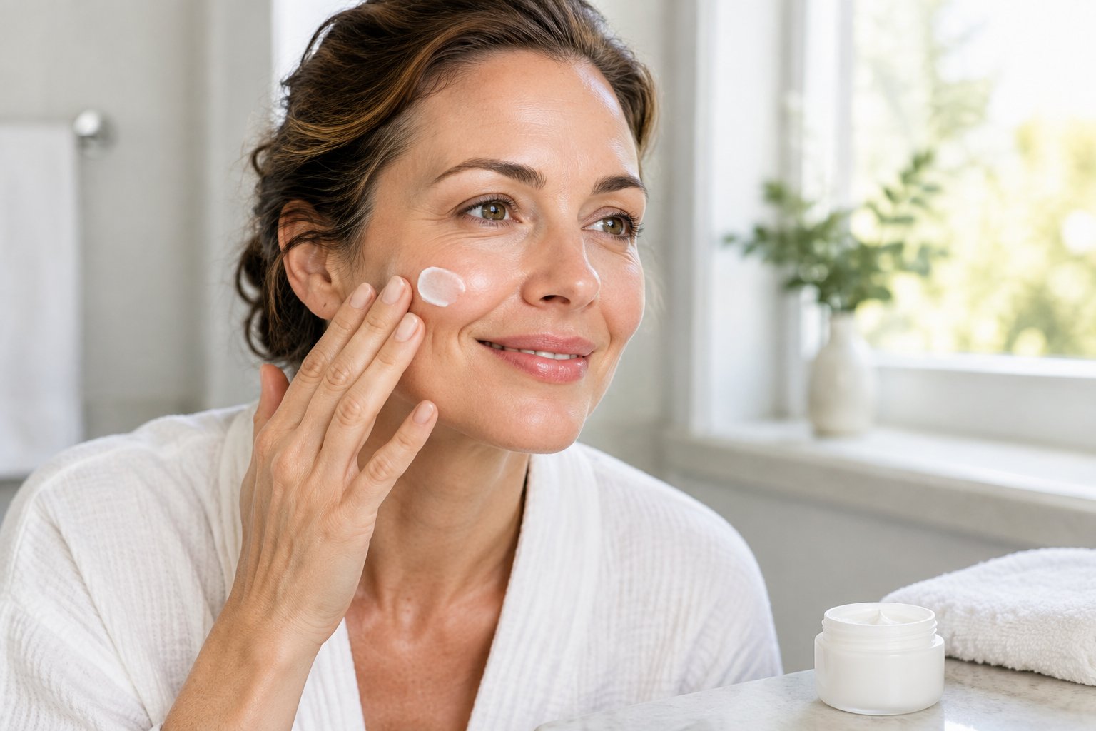 A woman applies moisturizer to her cheek in a bright bathroom.
