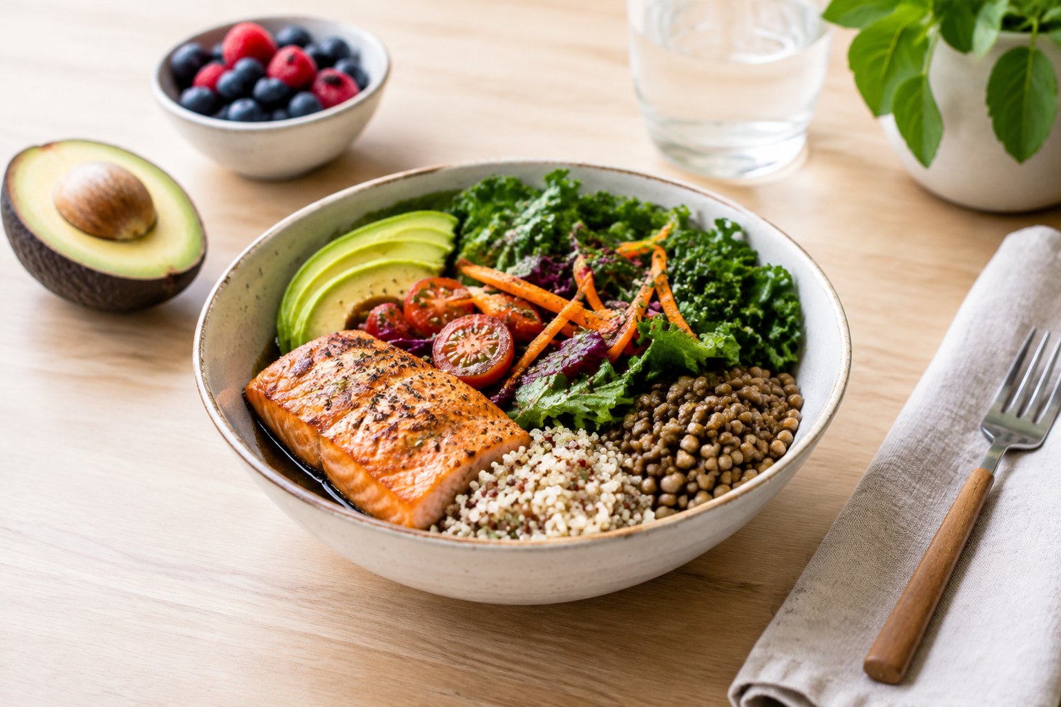 A balanced bowl of grilled protein, beans, leafy greens, vegetables, and whole grains on a kitchen table.