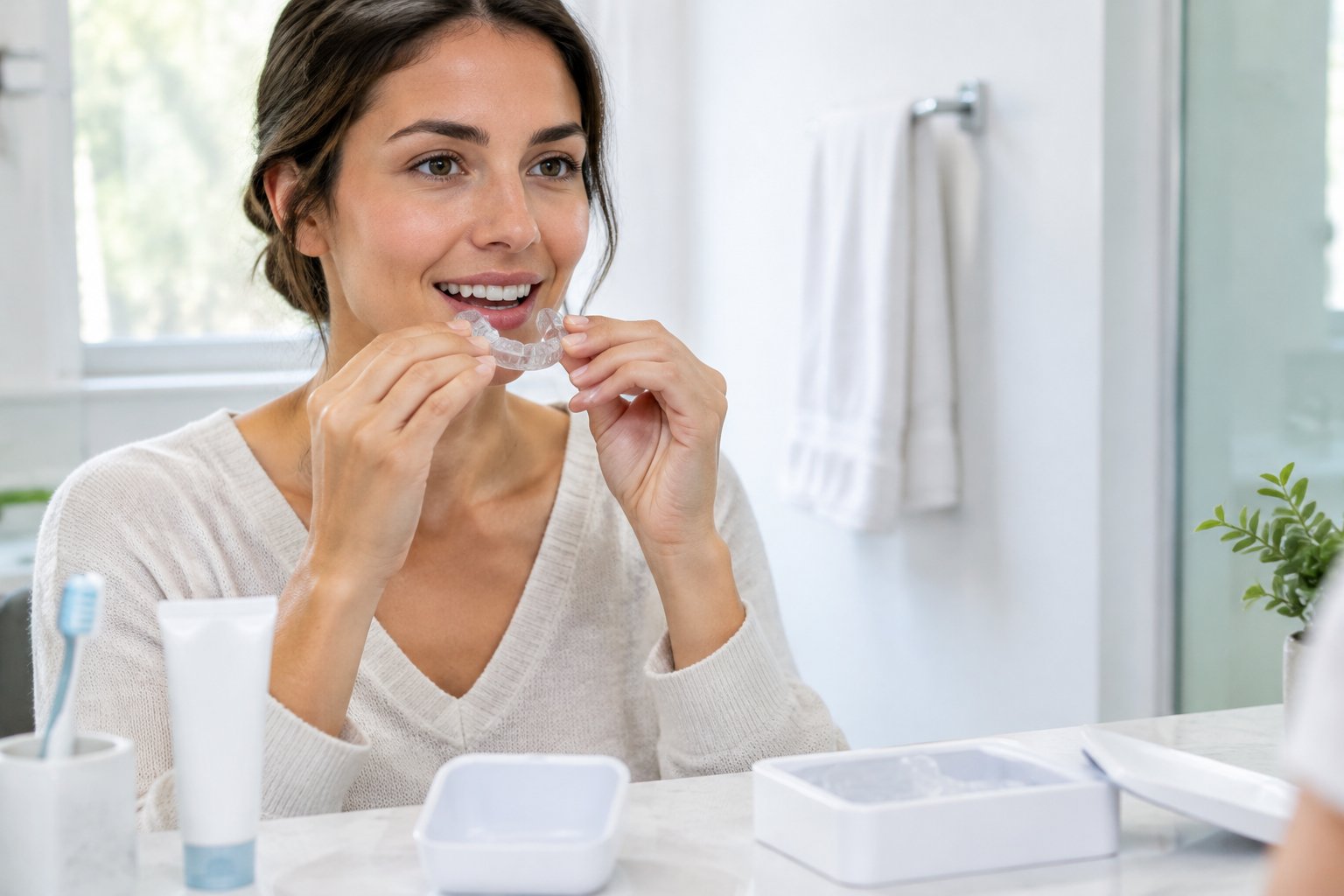 An adult applies a clear teeth-whitening tray in a bathroom.