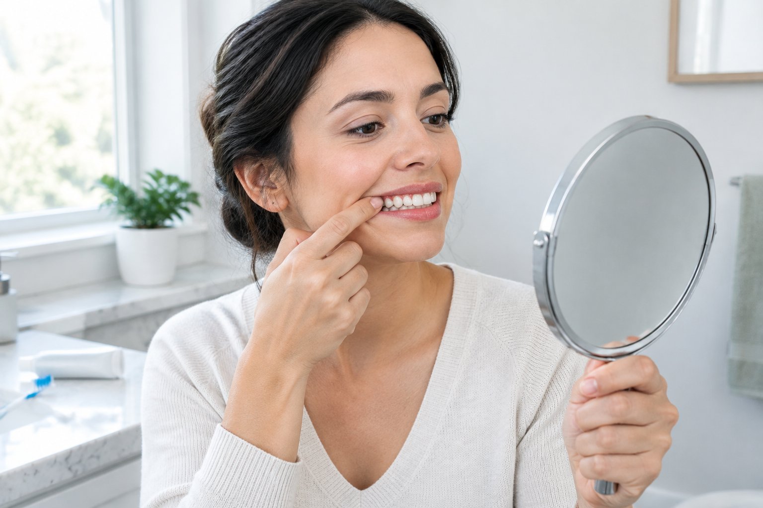 An adult checks their teeth and gums in a hand mirror in a bathroom.