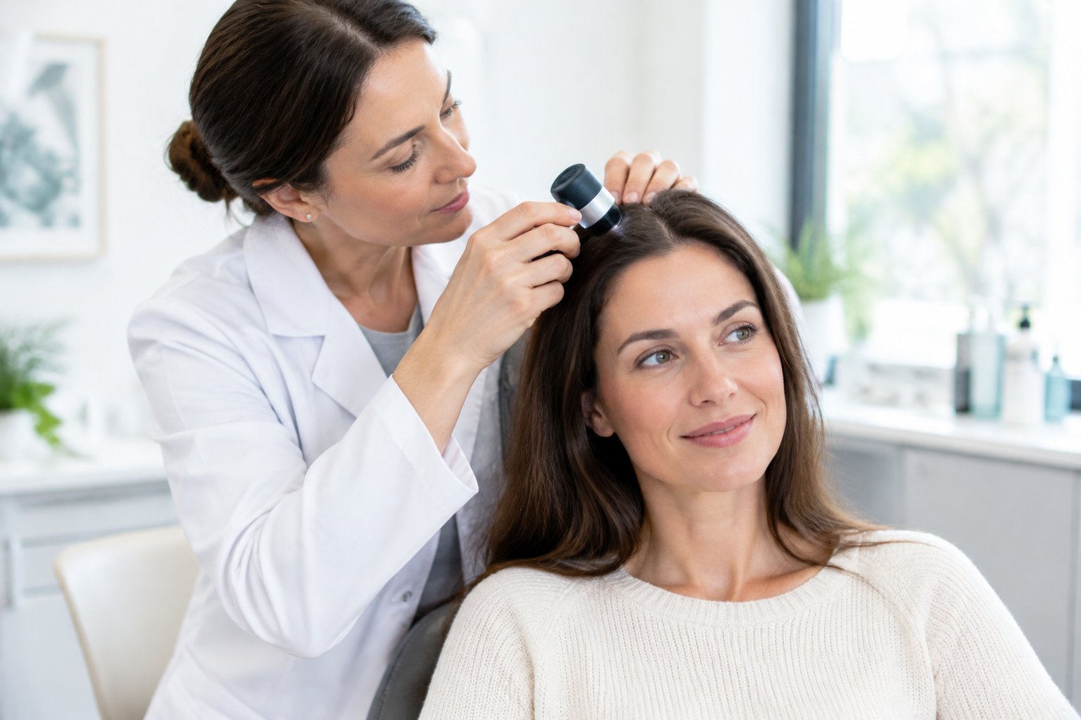 A clinician examines a woman’s scalp in a clinic.