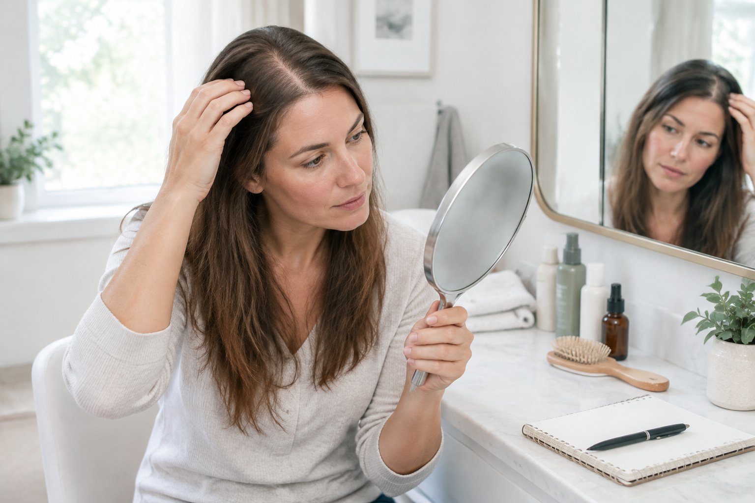 A woman examines the part in her hair using a handheld mirror.