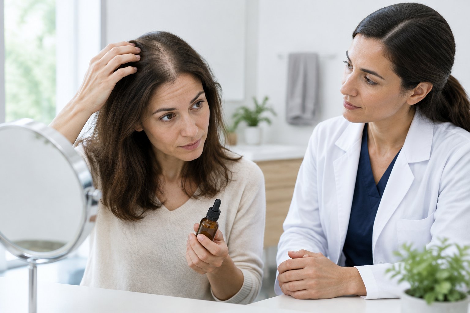 A woman examines her thinning hair in a mirror while holding a dropper bottle as a healthcare professional offers guidance.