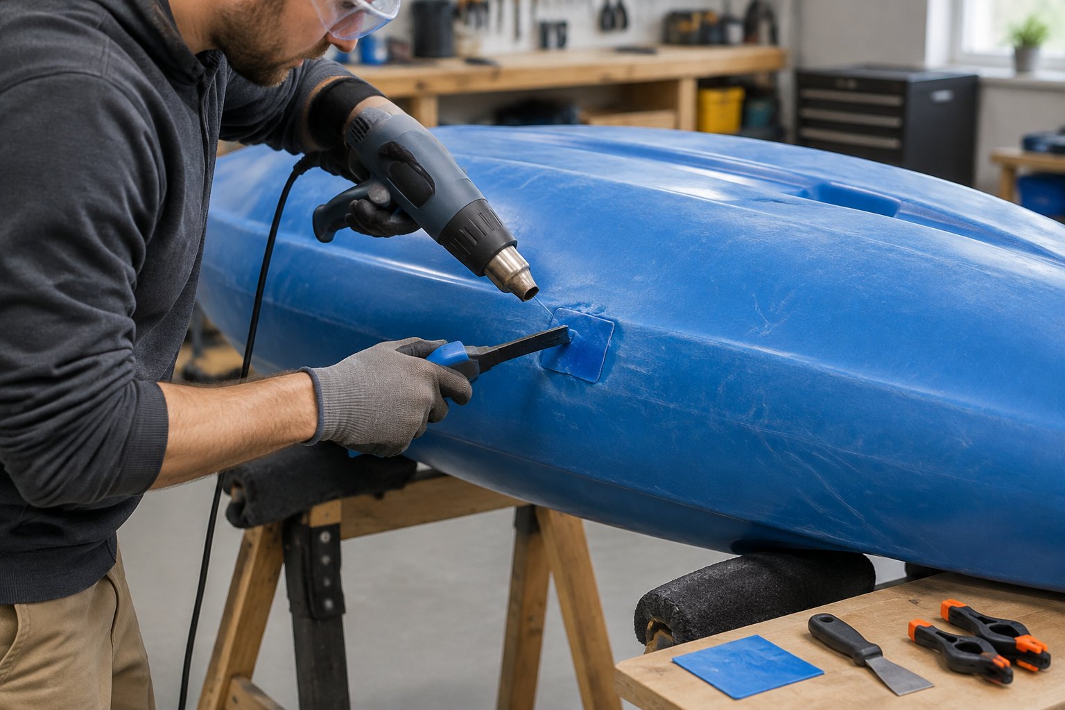 A person repairs a hole in the hull of an upside-down plastic kayak.