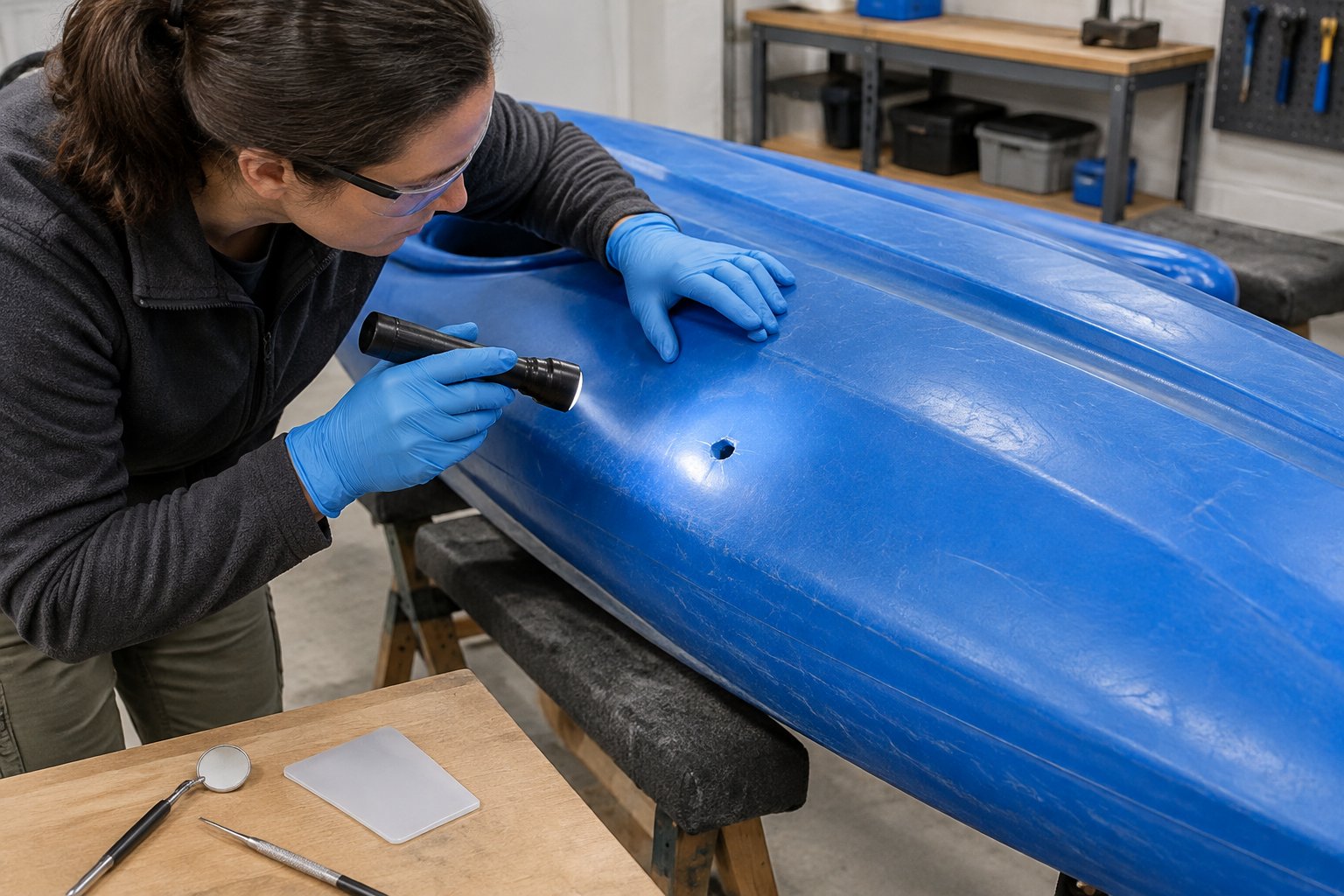 A person inspects a hole and checks the material of an upside-down kayak hull in a workshop.