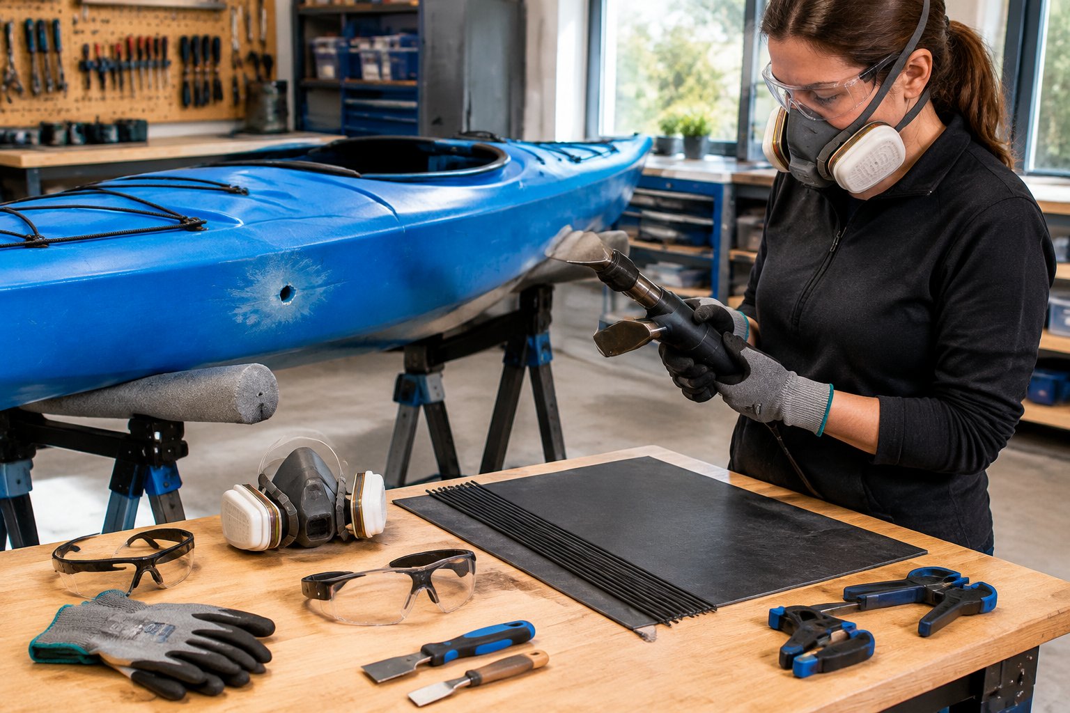 A person checks plastic-welding tools and safety gear beside a damaged kayak hull.