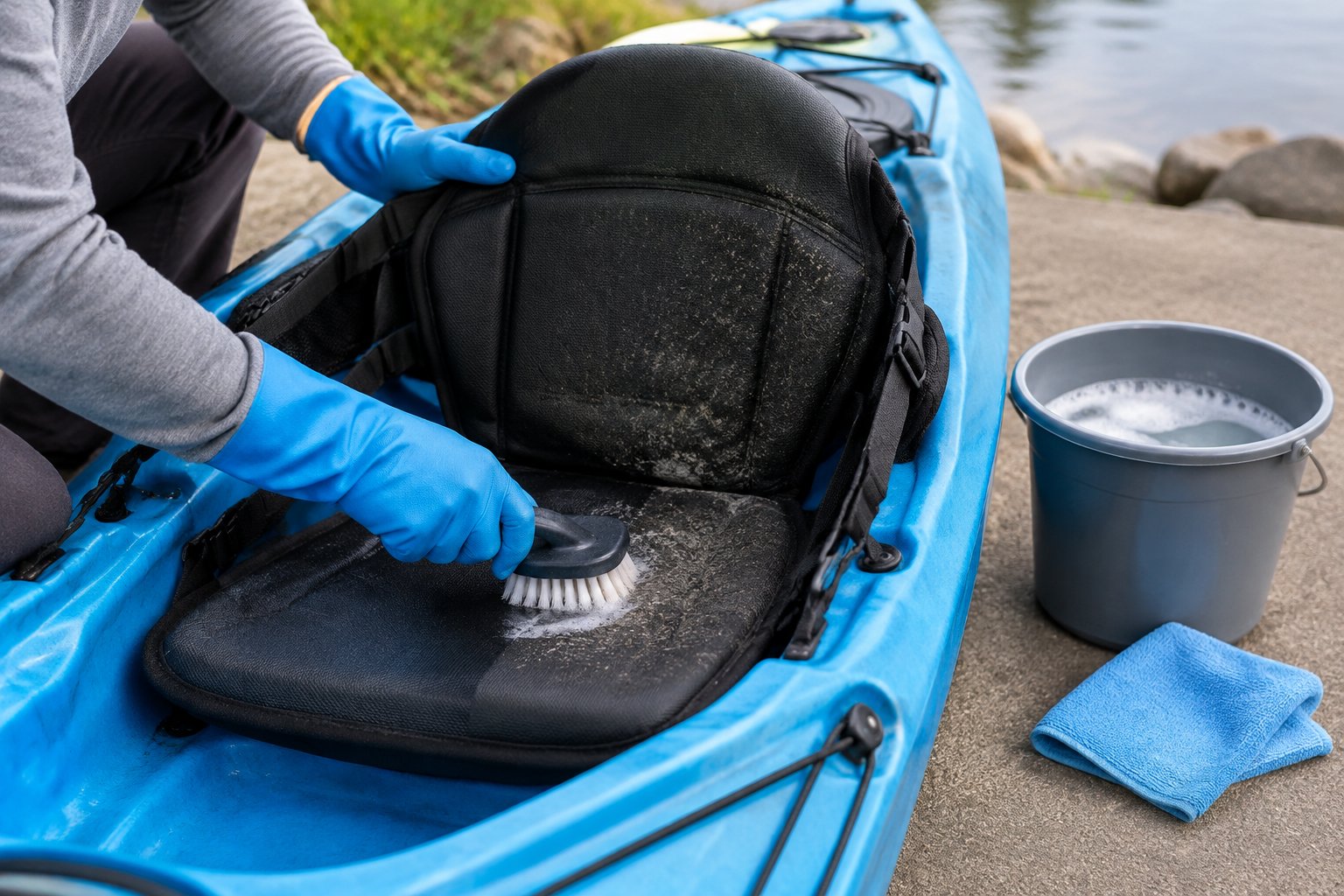 A person scrubs mold from a kayak seat with a brush.