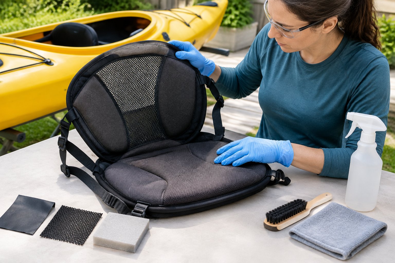 A person wearing gloves examines a kayak seat beside cleaning supplies.