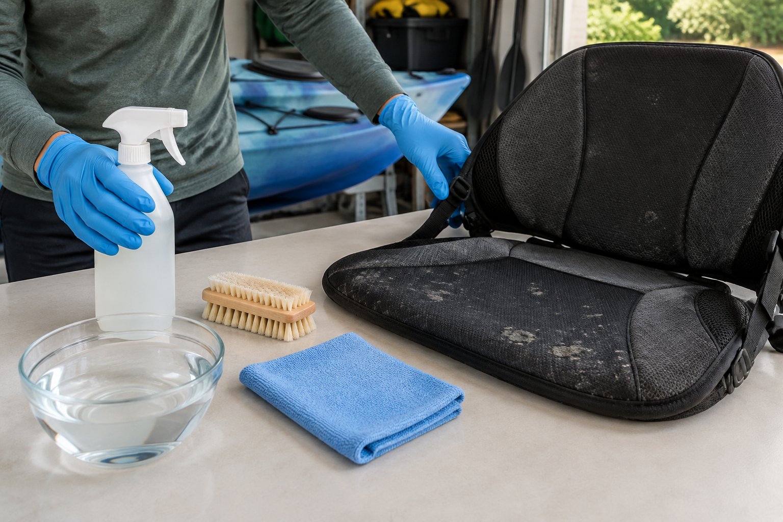 A person in gloves arranges cleaning supplies beside a kayak seat with small mold spots.