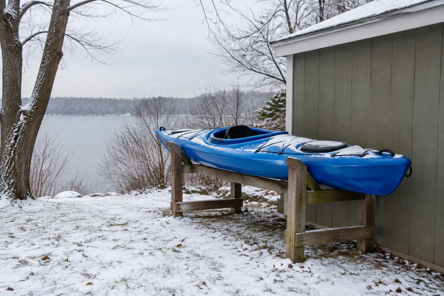 A kayak rests on an outdoor rack beside a shed in a snowy winter setting.