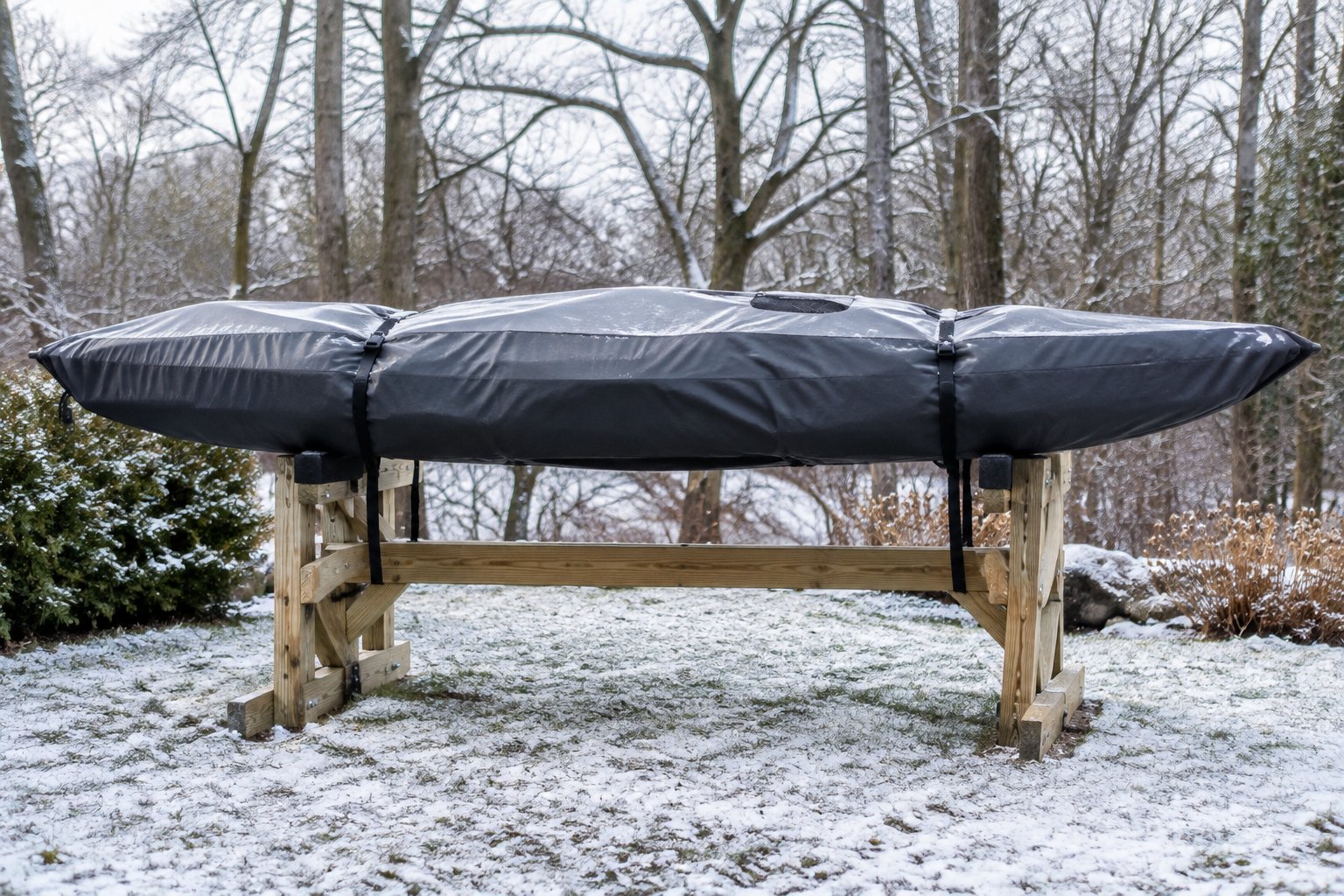 A covered kayak secured on an elevated rack in a snowy backyard.