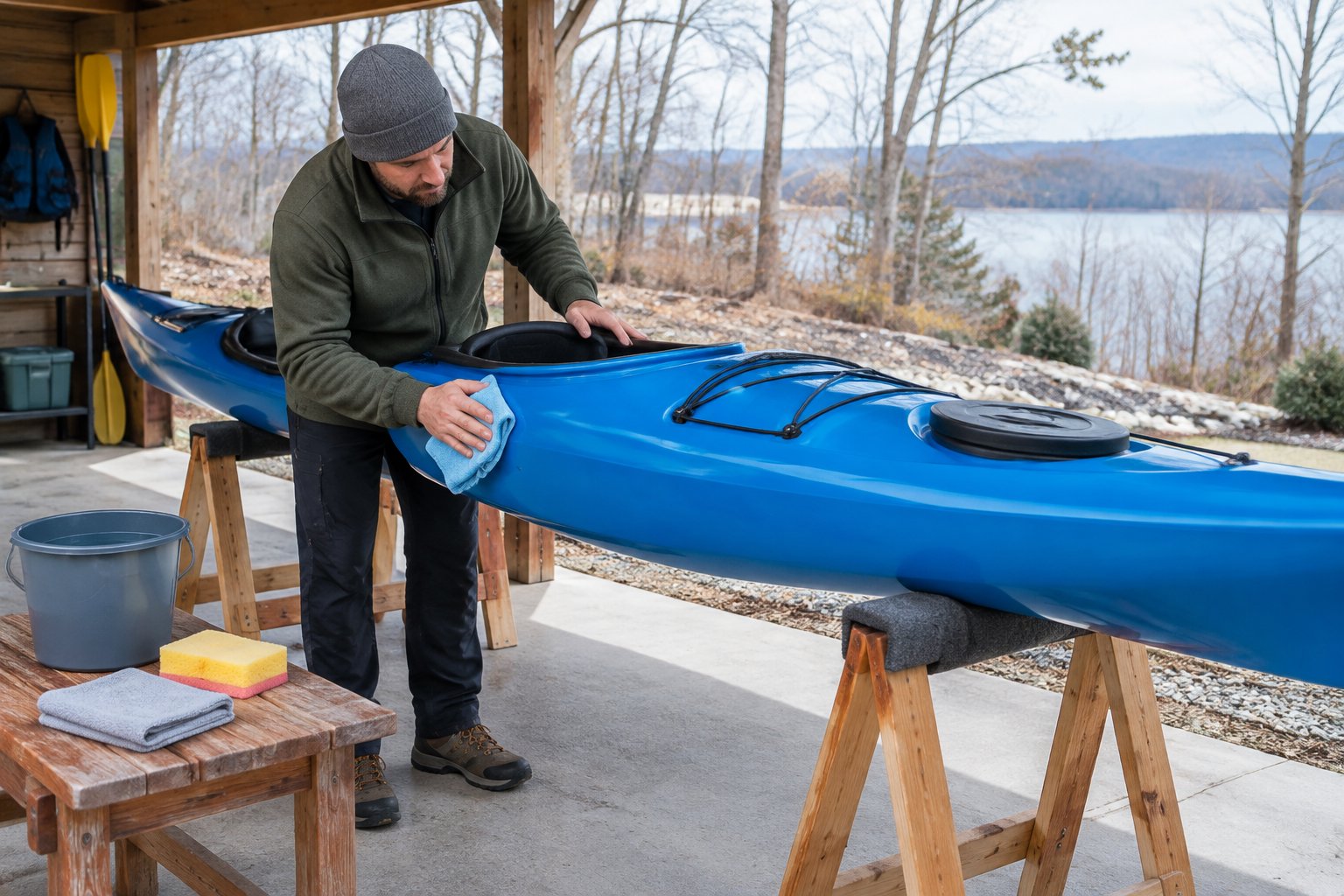 A person wipes down a kayak beside cleaning supplies in an outdoor workspace.