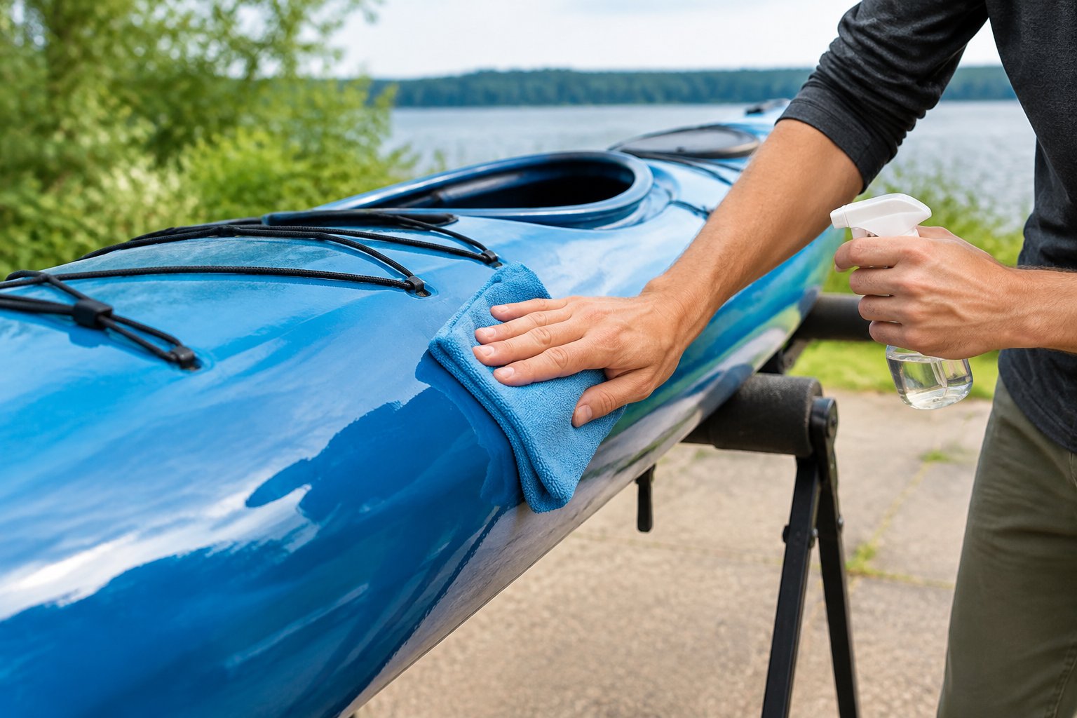 A person wipes UV protectant onto a kayak with a cloth.