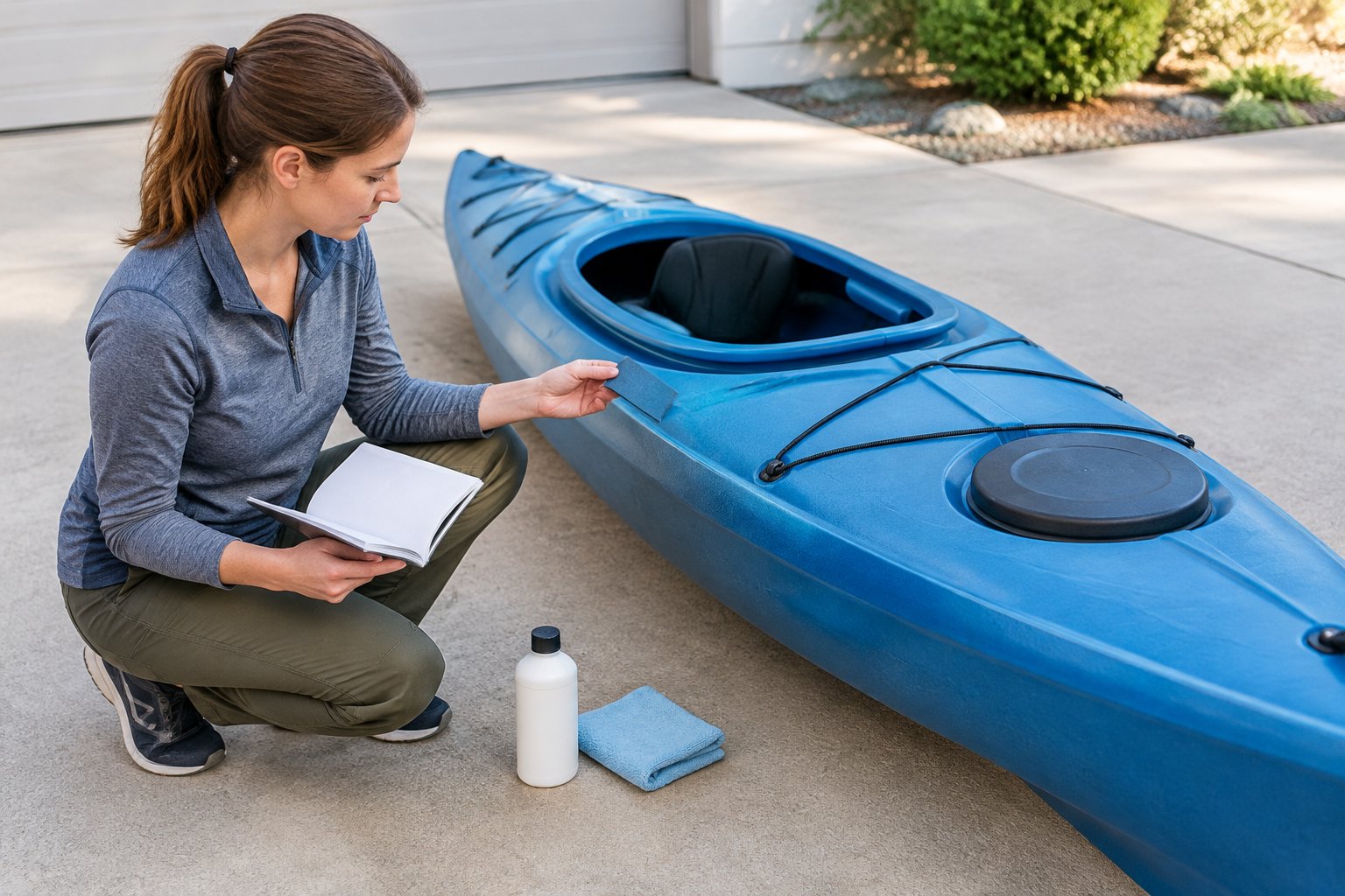 A person checks a kayak’s surface beside a care booklet and bottle of UV protectant.