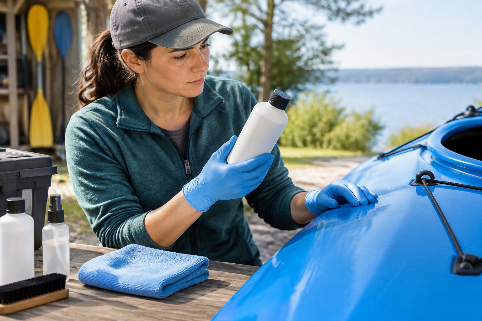 A person compares a bottle of UV protectant with a kayak before applying it.