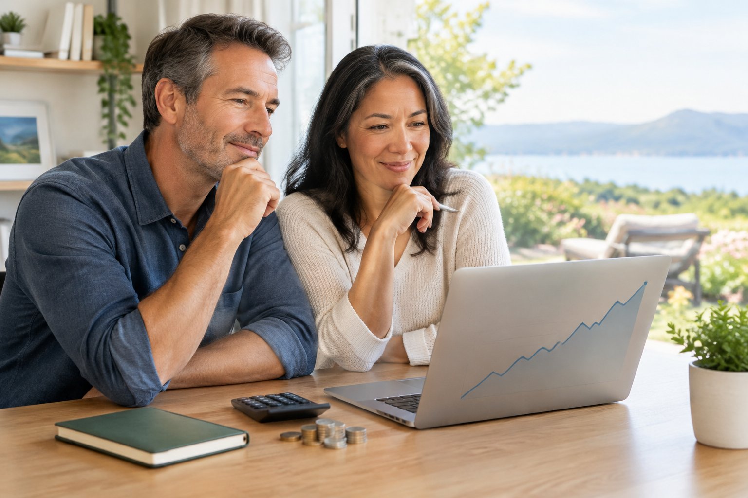 A couple reviews their finances together at a desk in a bright home office.