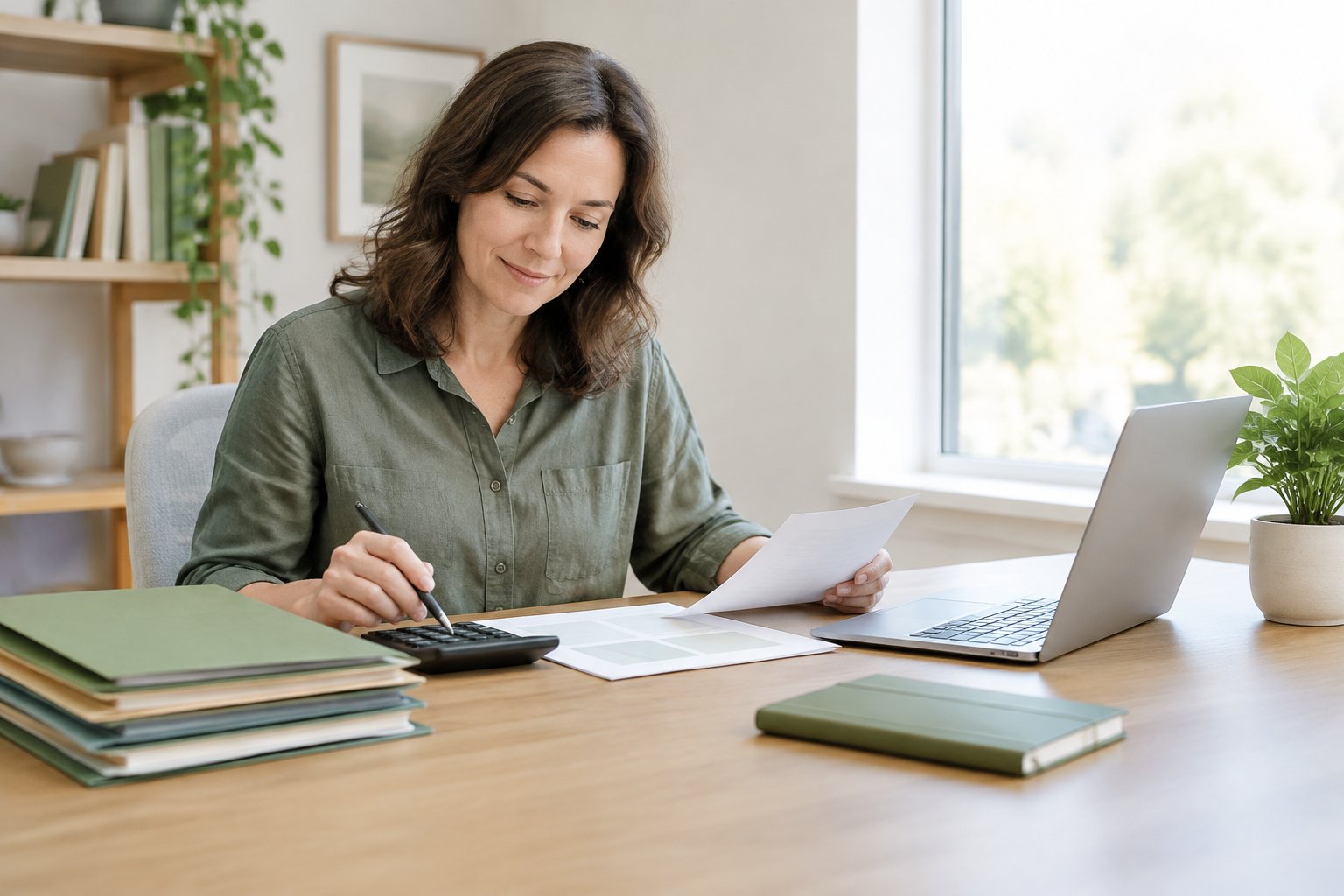 A person reviews retirement account folders and financial papers at a home-office desk.